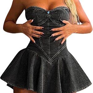 Womens Denim Mini Dress Black Strapless Ruffle Pleated Party Casual